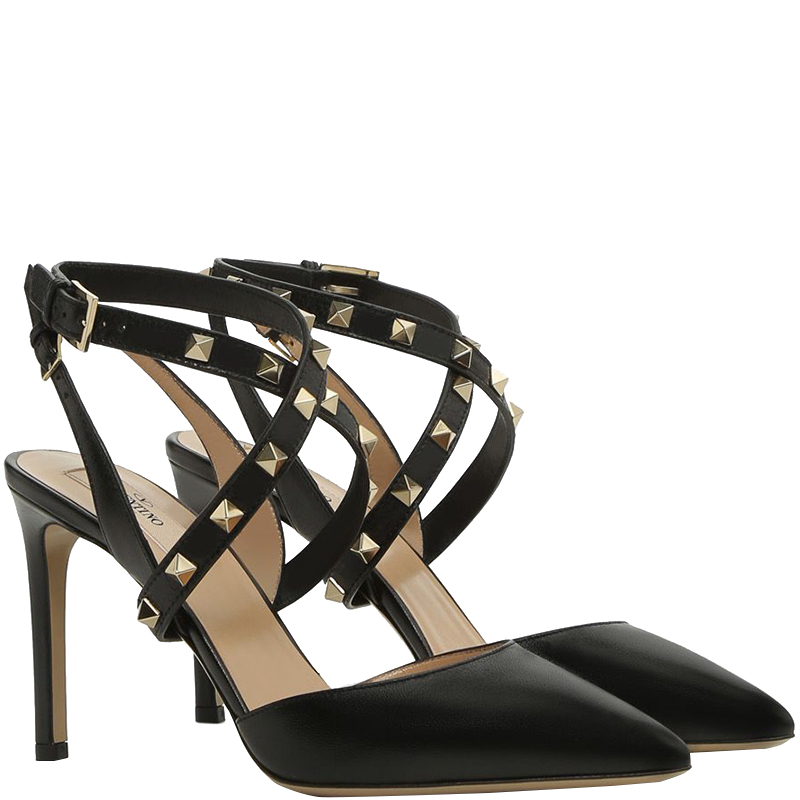 

Valentino Black Leather Studwrap Pointed Toe Slingback Sandals Size