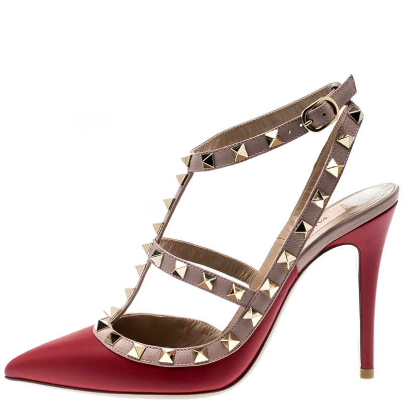 

Valentino Rosso V./Poudre Leather Rockstud Ankle Strap Sandals Size, Multicolor