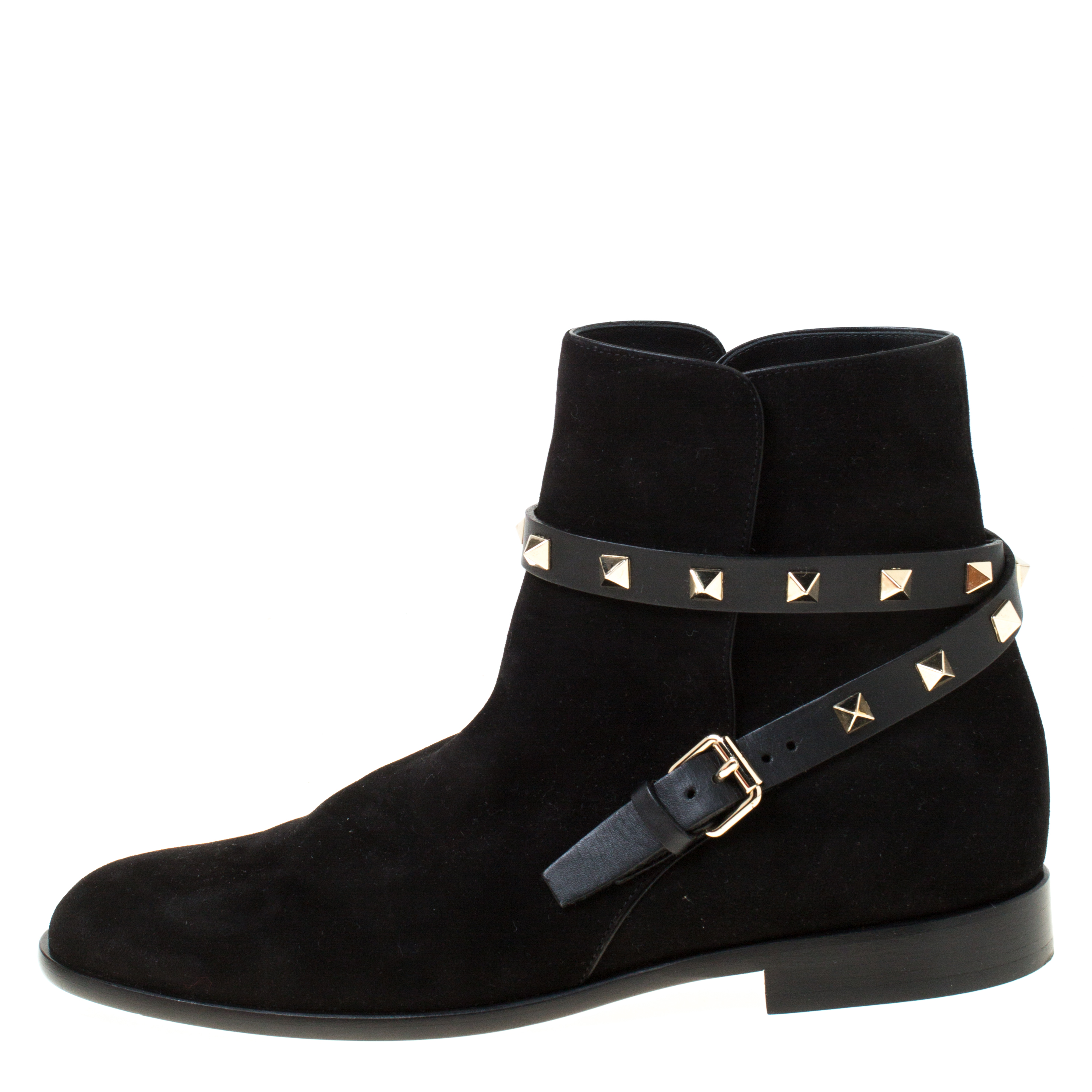 

Valentino Black Suede Rockstud Trim Strap Flat Ankle Boots Size