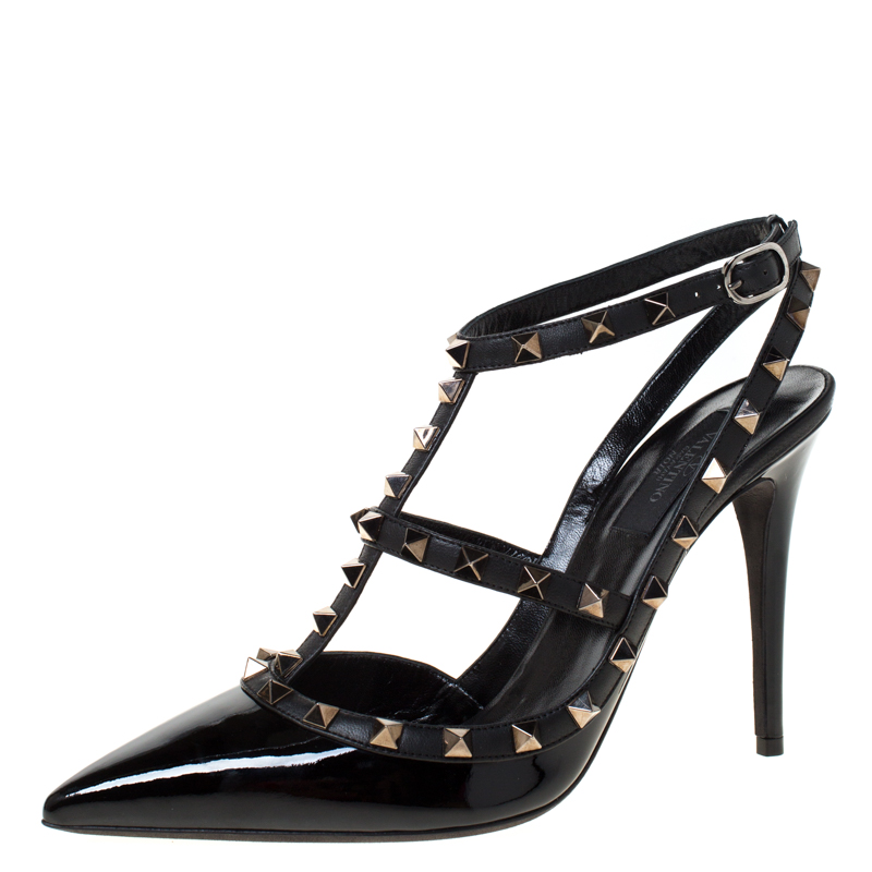 Pre Owned Valentino Black Patent Leather Rockstud Sandals Size 40