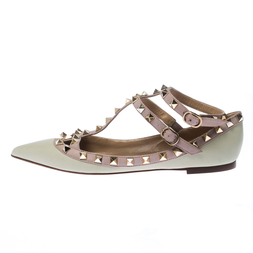 

Valentino Green/Beige Leather Rockstud T Strap Ballet Flats Size