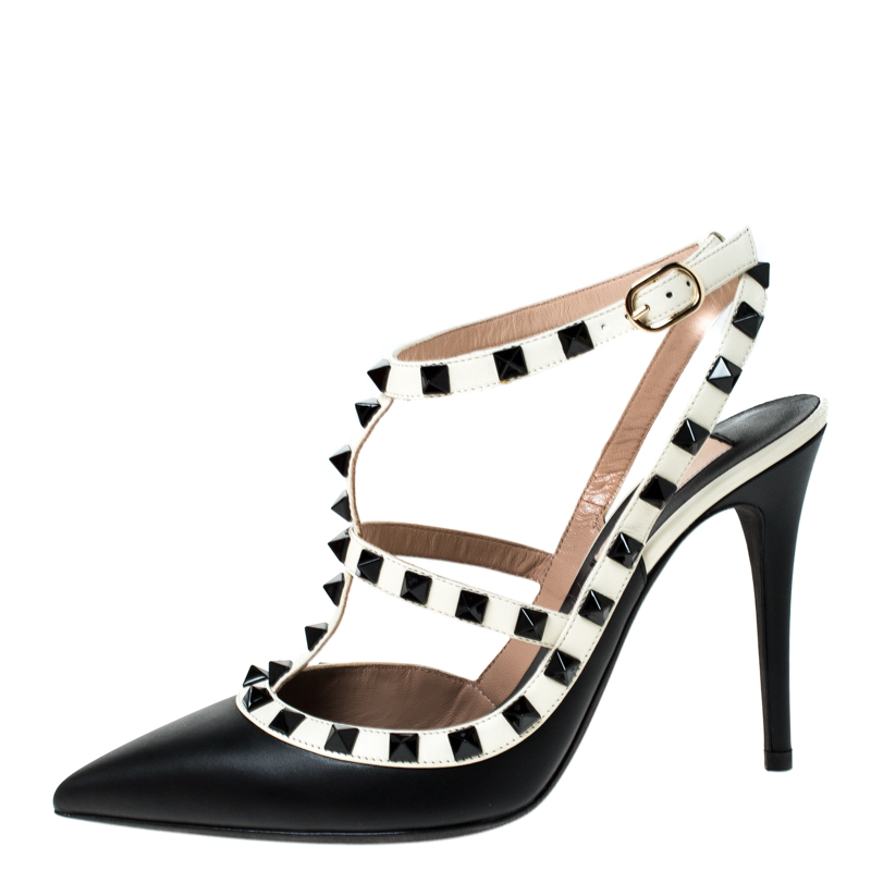 

Valentino Black And White Leather Rockstud Pointed Toe Sandals Size