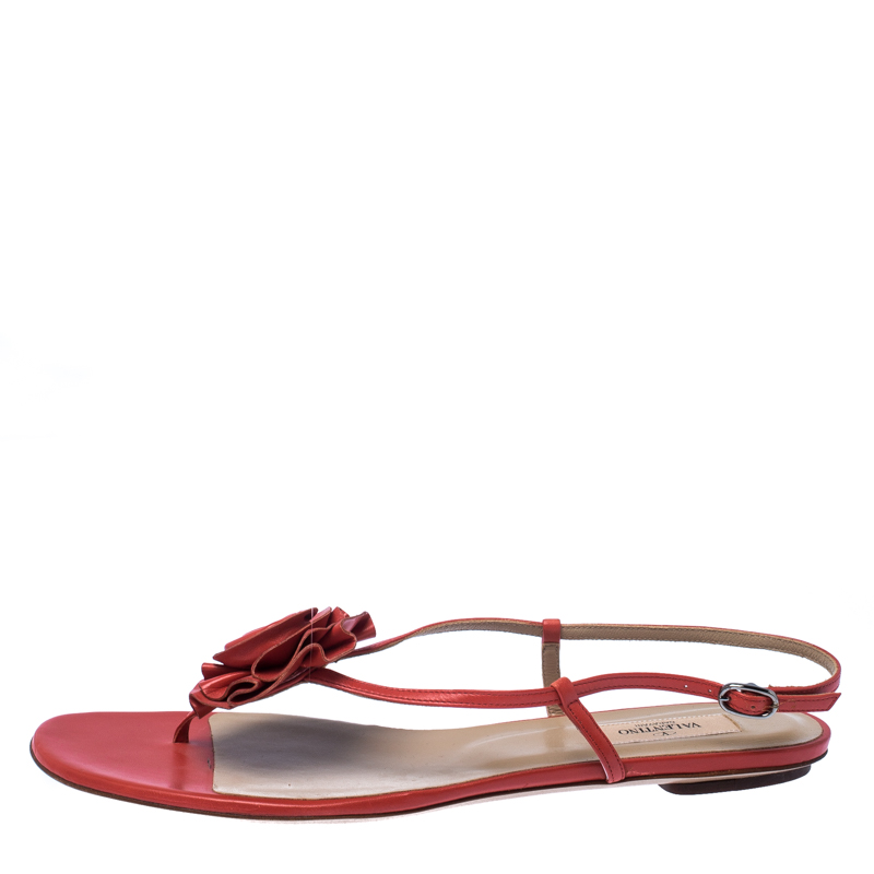 

Valentino Red Leather Flower Flat Sandals Size