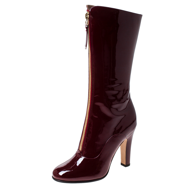 Valentino Burgundy Patent Leather Mid Calf Boots Size 38.5