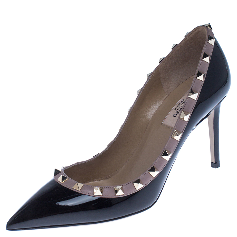 Pre Owned Valentino Black Patent Leather Rockstud Pointed Toe Pumps Size 38