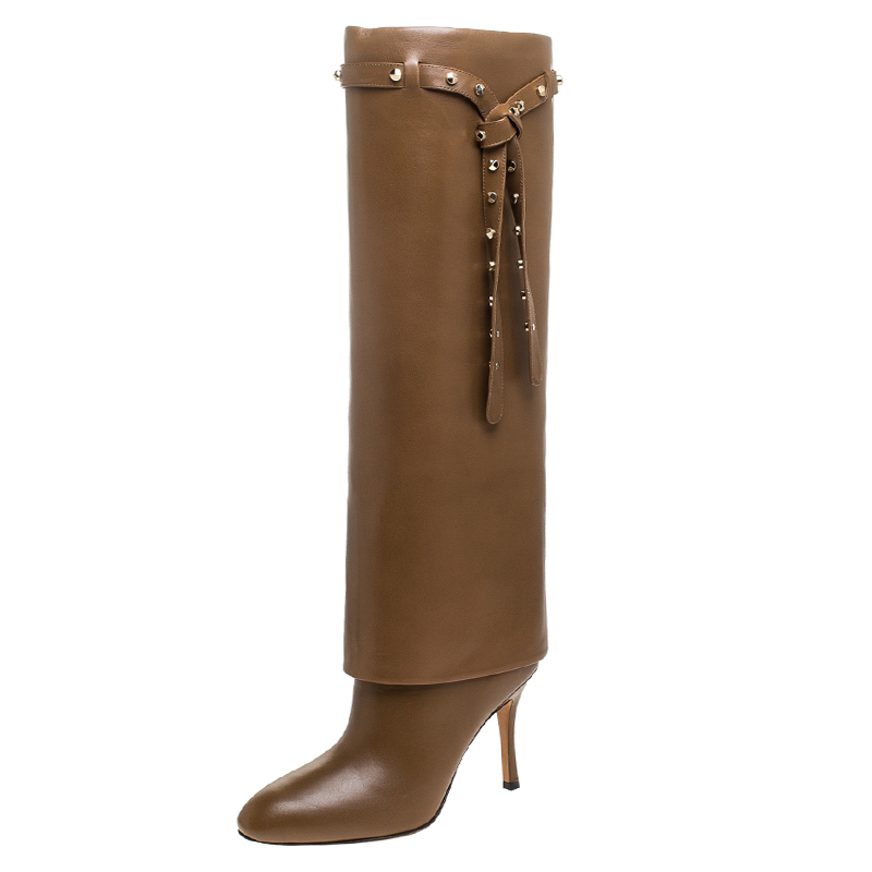 Pre Owned Valentino Brown Leather Rockstud Tie Foldover Knee Length Boots Size 37