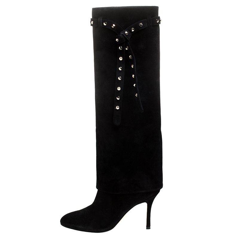 

Valentino Black Suede Rockstud Tie Foldover Knee Length Boots Size