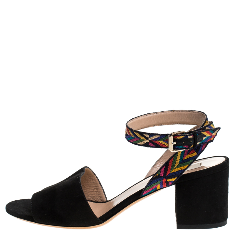 

Valentino Black Suede And Multicolor Embroidered Fabric Strap Block Heel Sandals Size