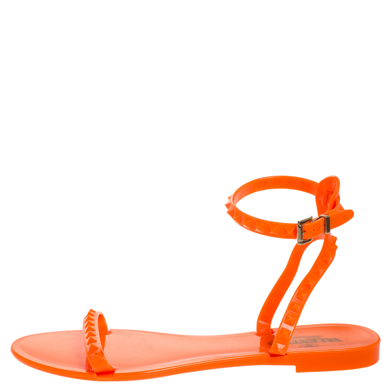 

Valentino Orange Jelly Rockstud Ankle Strap Flats Sandals Size