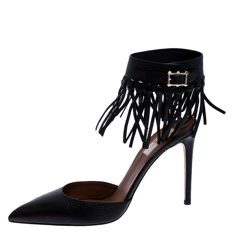 

Valentino Black Leather C-Rockee Fringe Ankle Strap Sandals Size