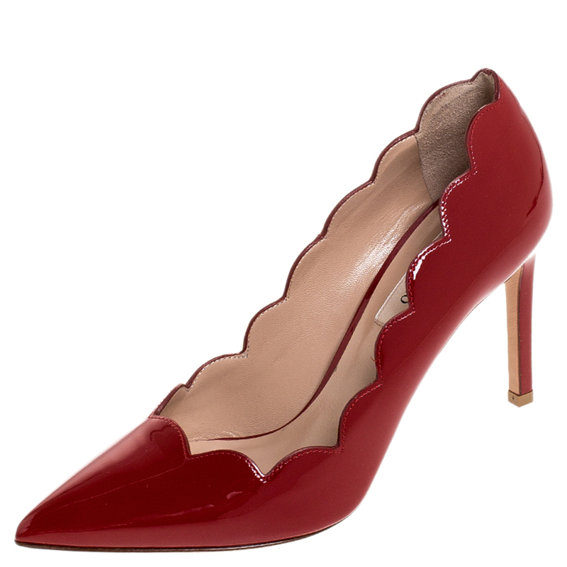 Valentino Red Patent Leather Scalloped Pointed Toe Pumps Size 36