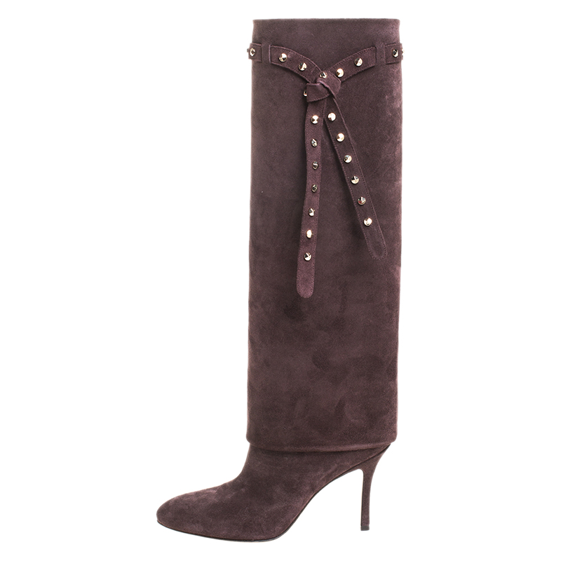 

Valentino Brown Suede Rockstud Tie Foldover Knee Length Boots Size