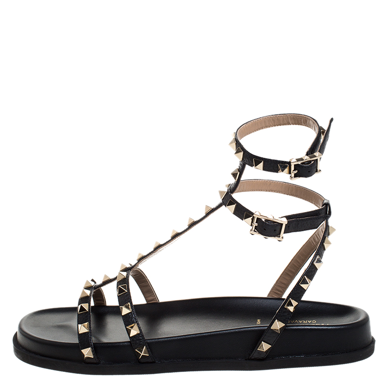 

Valentino Black Leather Rockstud Ankle Strap Gladiator Flat Sandals Size