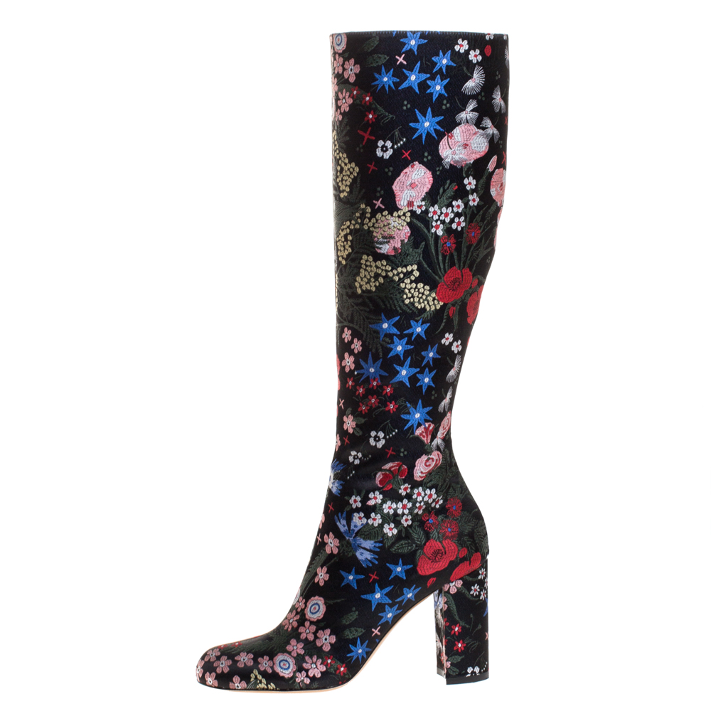 

Valentino Multicolor Floral Satin Knee Length Block Heel Boots Size, Black