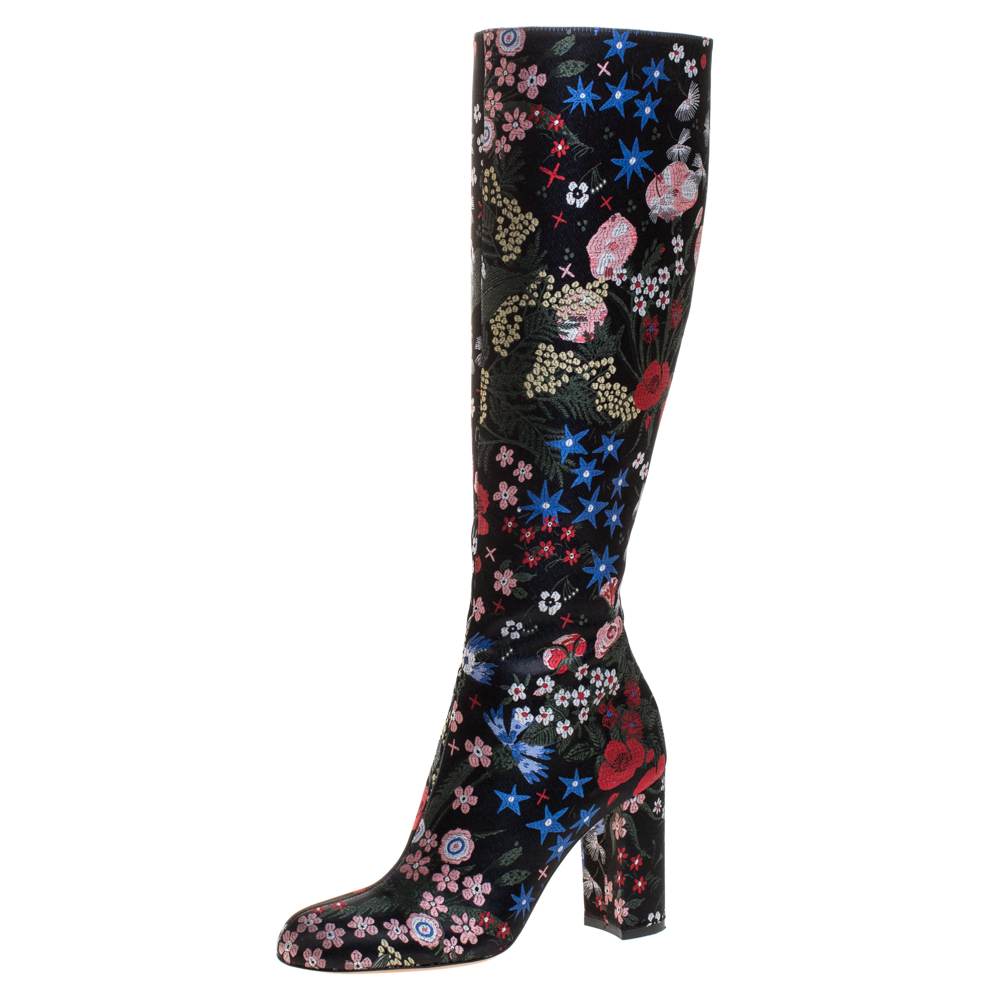 Pre-owned Valentino Garavani Multicolor Floral Satin Knee Length Block Heel Boots Size 36 In Black