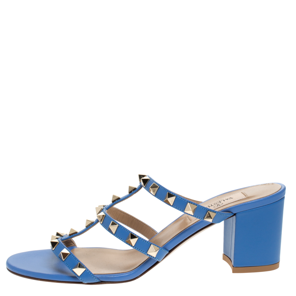 

Valentino Blue Leather Rockstud Caged Slide Sandals Size