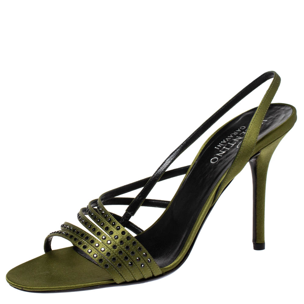 Pre Owned Valentino Green Crystal Embellished Satin Strappy Slingback Sandals Size 40
