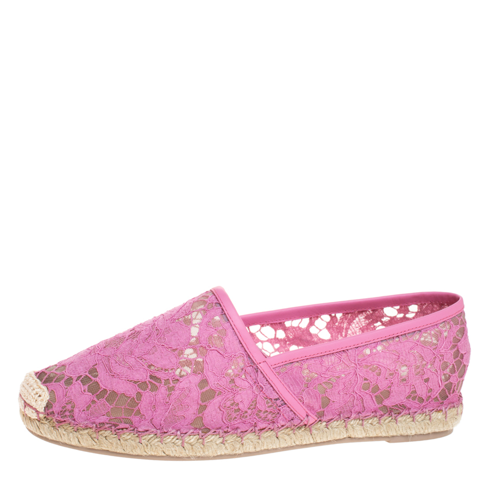 Pre Owned Valentino Pink Lace And Leather Trim Espadrille Flats Size 38