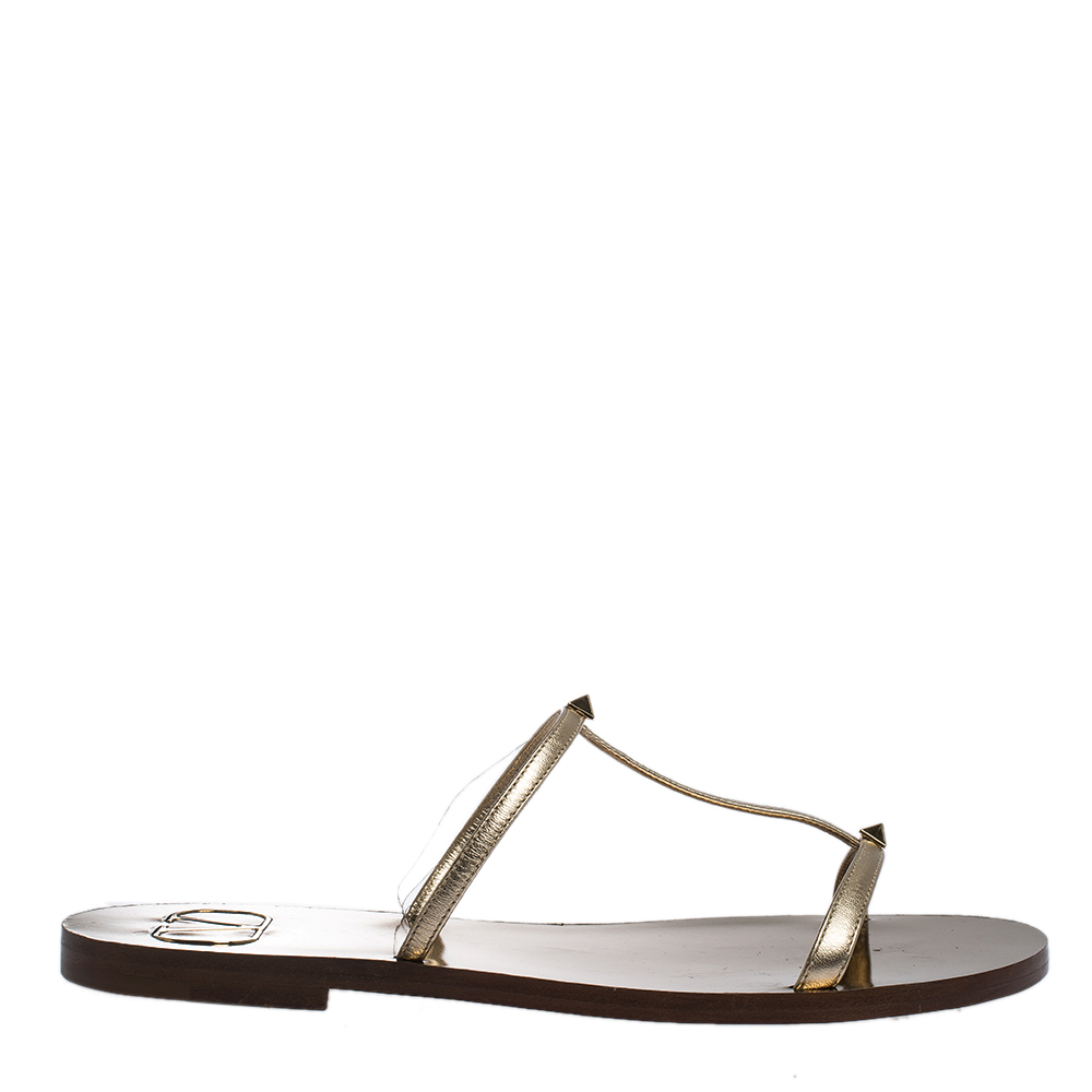 مملوكة مسبقًا Valentino Dark Gold Leather Flat Slides Size 38