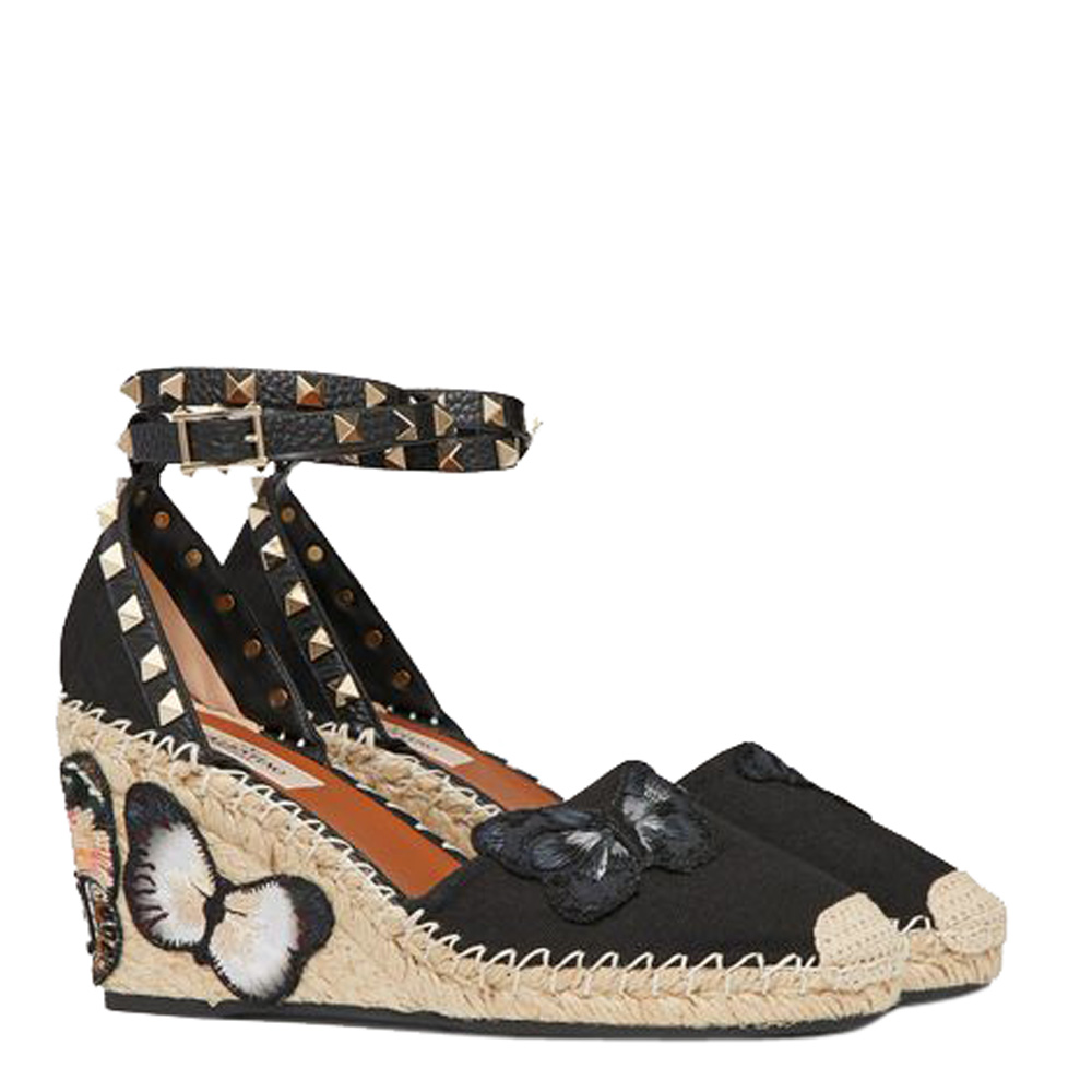 

Valentino Black Embroidered Butterfly Canvas Espadrille Wedge Sandals Size