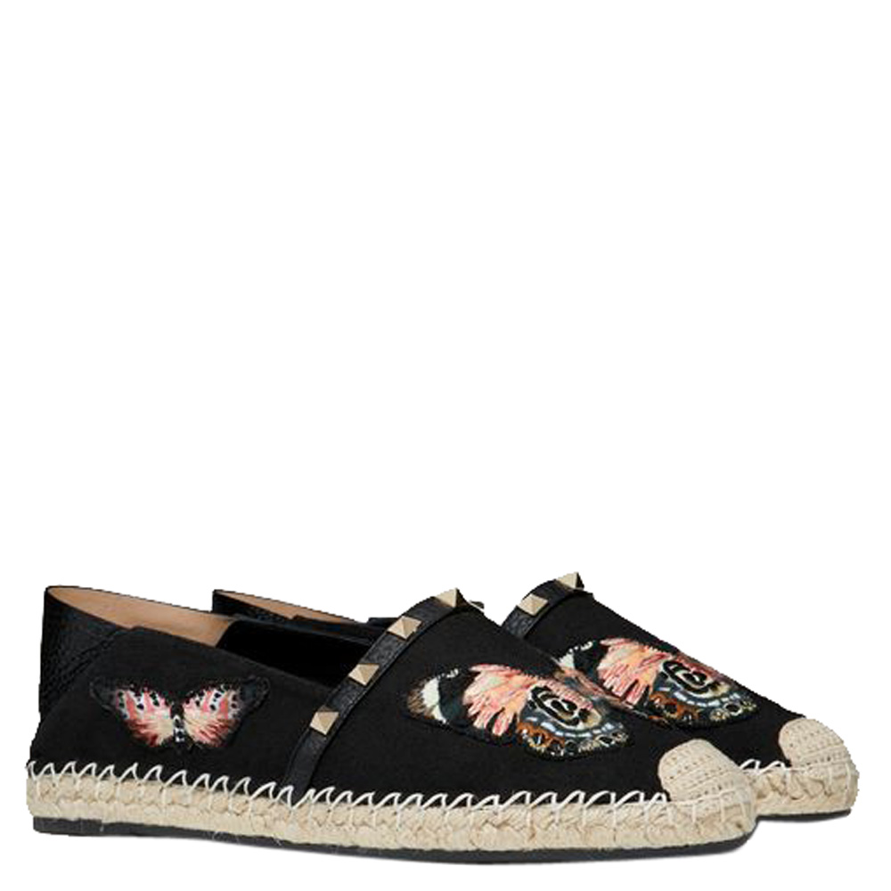 

Valentino Black Canvas Embroidered Butterfly Espadrille Slip on Sneakers Size