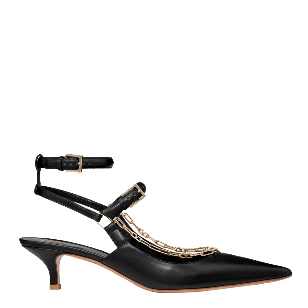 Pre Owned Valentino Black Leather Chain Detail Ankle Strap Pumps Size 39.5