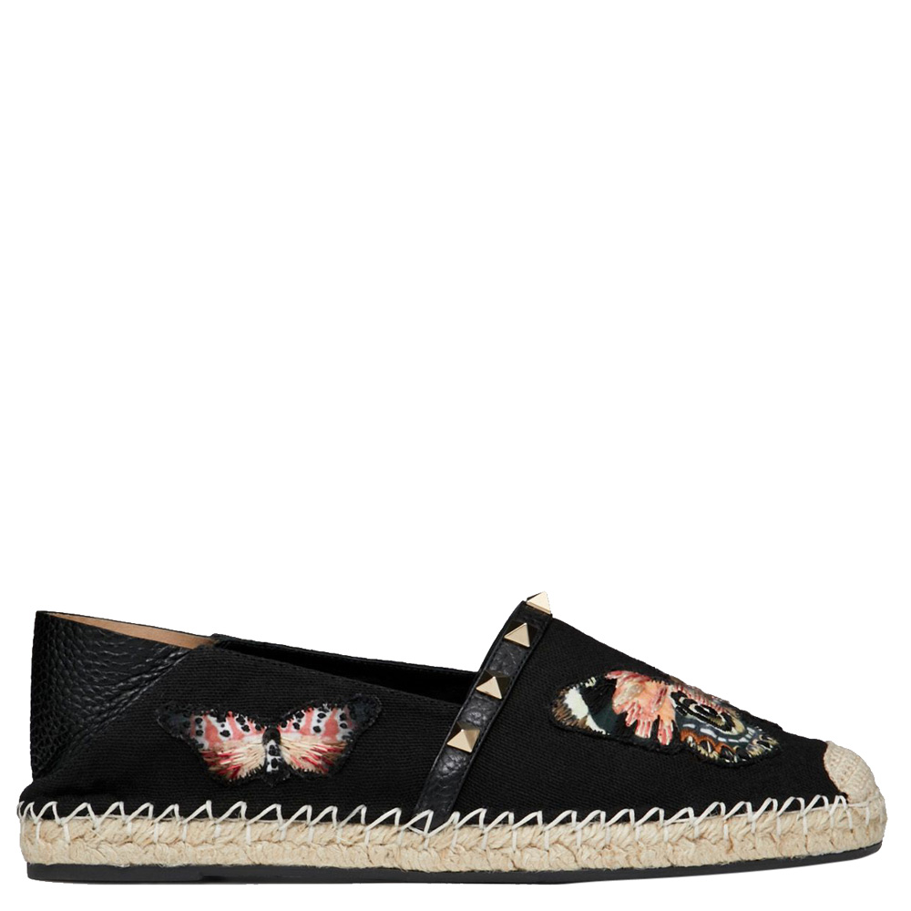 Valentino Black Canvas Embroidered Butterfly Espadrille Slip on Sneakers Size 38