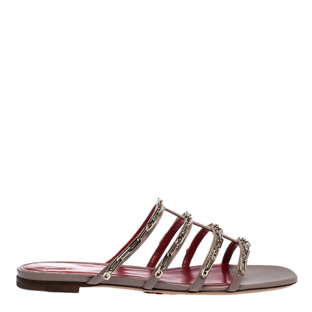 Pre Owned Valentino Poudre Leather Chain Caged Flat Slides Size 37.5