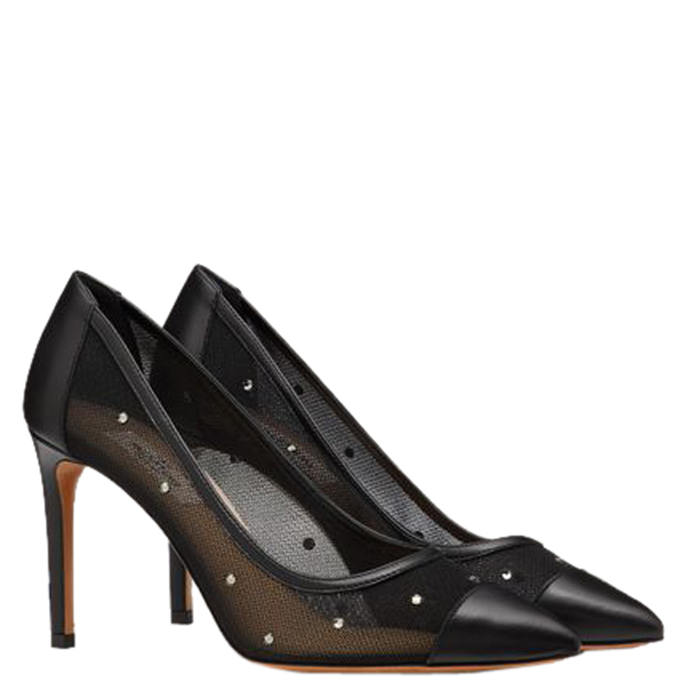 

Valentino Black Mesh Strass Detail Cap Toe Pumps Size