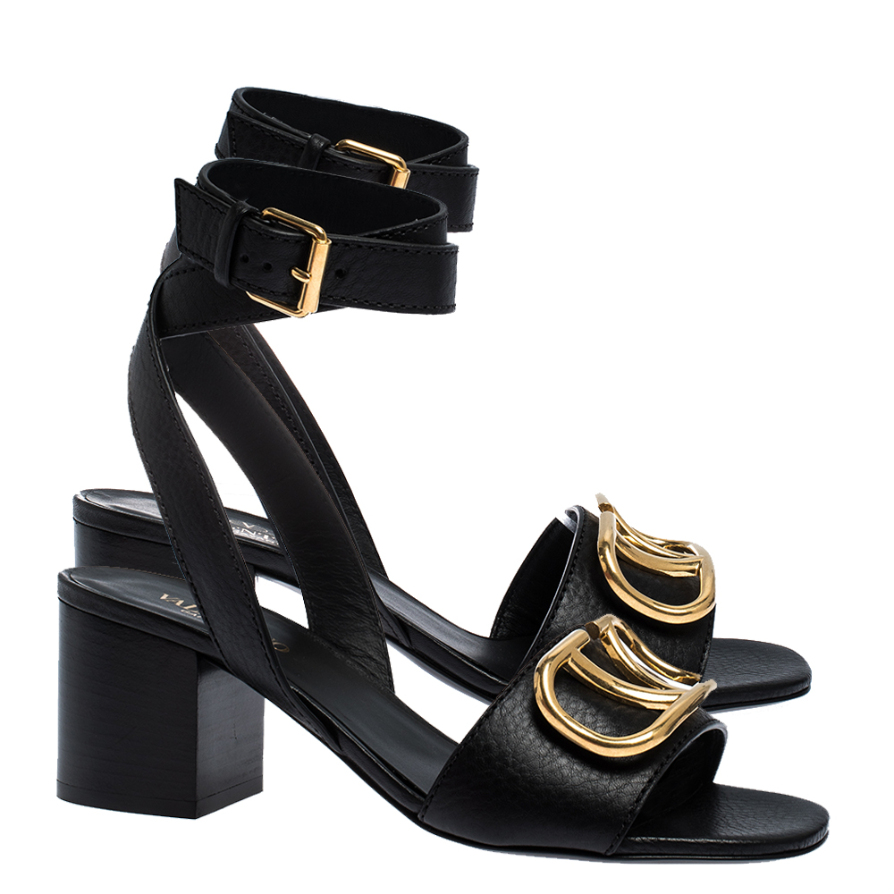 

Valentino Black Leather VLOGO Ankle Wrap Block Heel Sandals Size