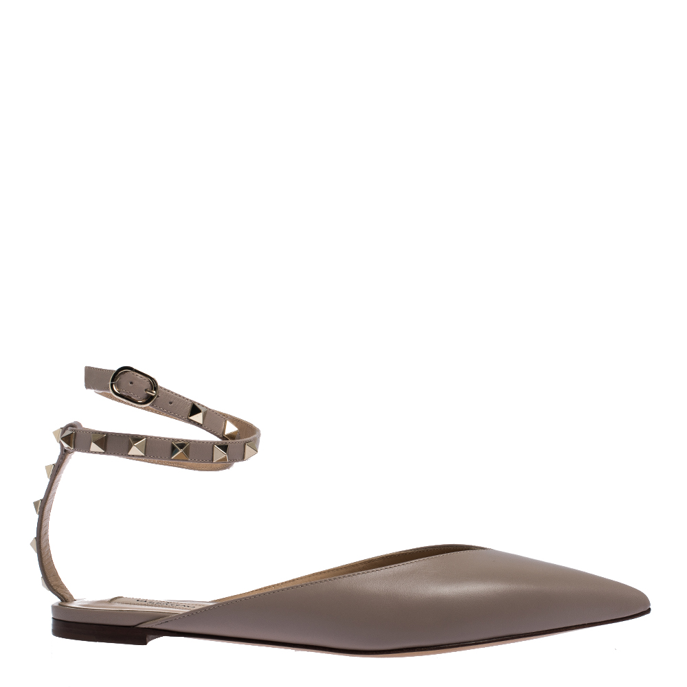 Pre Owned Valentino Poudre Leather Rockstud Ankle Wrap Ballet Flats Size 35