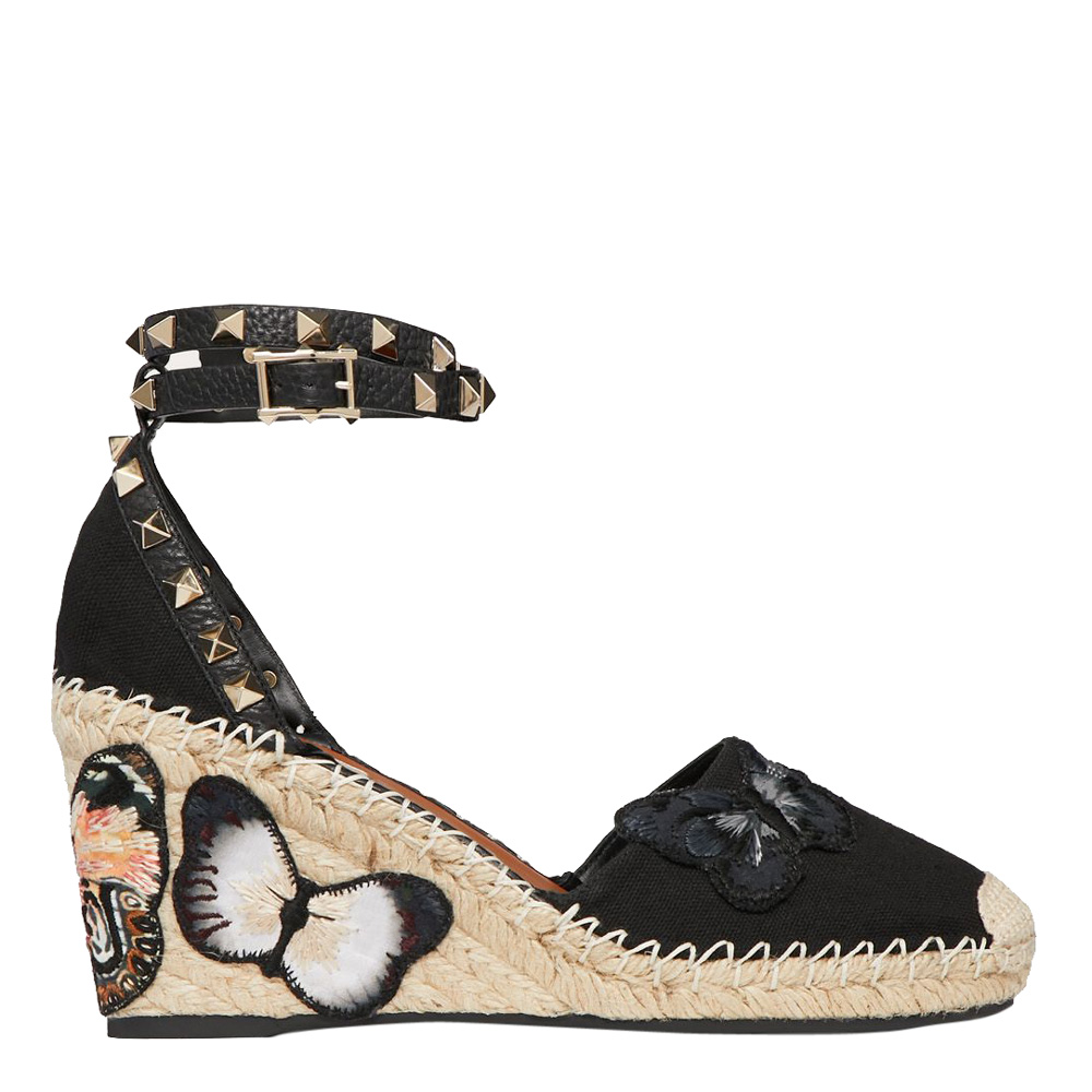 Pre Owned Valentino Black Embroidered Butterfly Canvas Espadrille Wedge Sandals Size 39