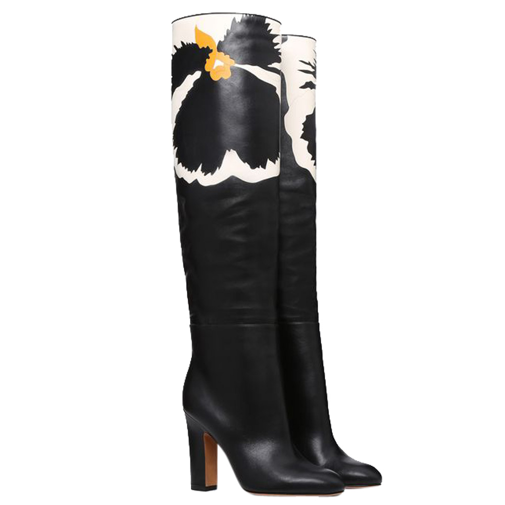 

Valentino Black Leather Flower Motif Knee High Boots Size