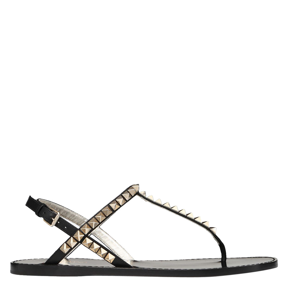 Pre Owned Valentino Black Leather Rockstud No Limit Flat Thong Sandals Size 37.5
