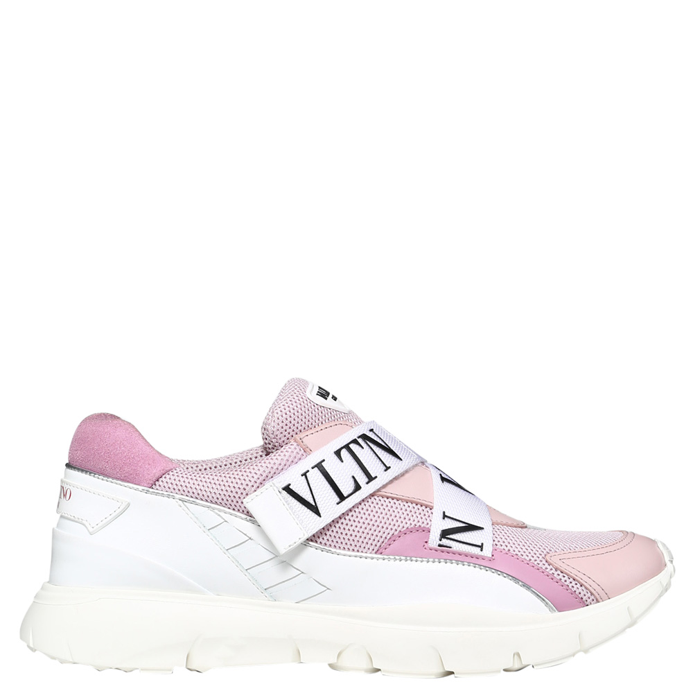 Pre Owned Valentino Water Rose Stretch Knit and Leather VLTN Heroes Her Low-Top Sneakers Size 39