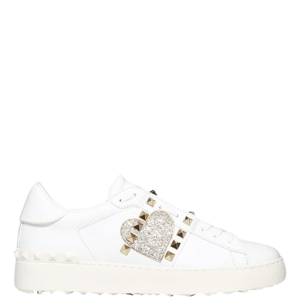 Valentino White Heart Embroidered Leather Rockstud Untitled Sneakers Size 38