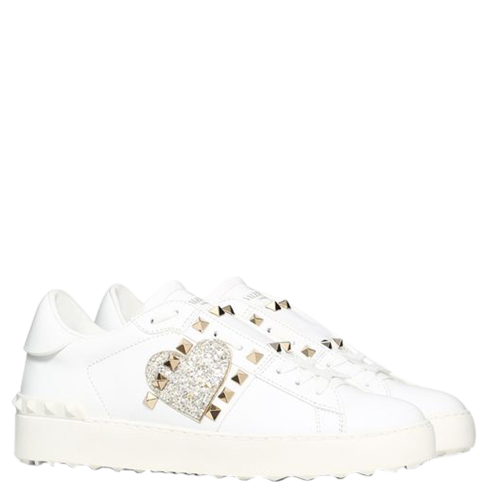 

Valentino White Heart Embroidered Leather Rockstud Untitled Sneakers Size