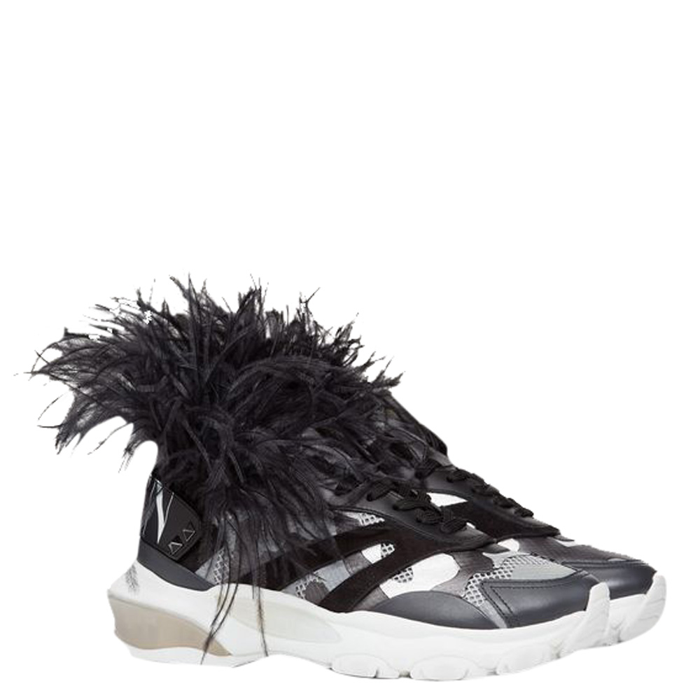 

Valentino Silver Camouflage Print Fabric with Ostrich Feathers Bounce Low-Top Sneakers Size