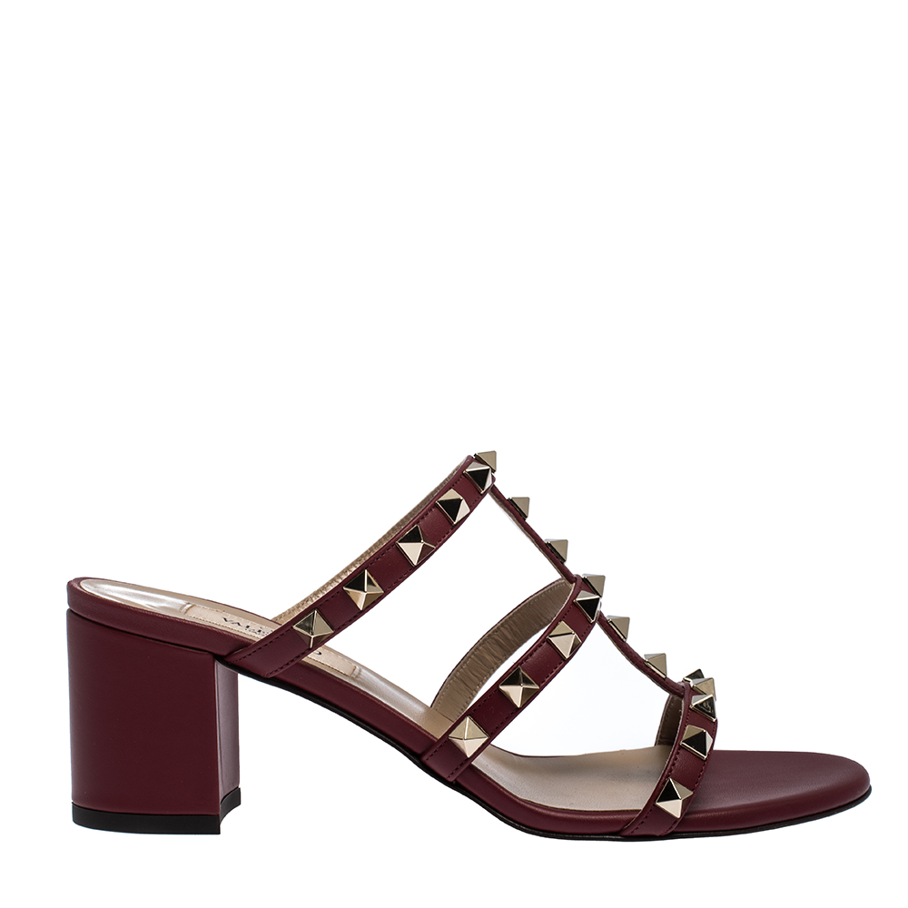 Pre Owned Valentino Bordeaux Leather Rockstud Cage Block Heel Sandals Size 36