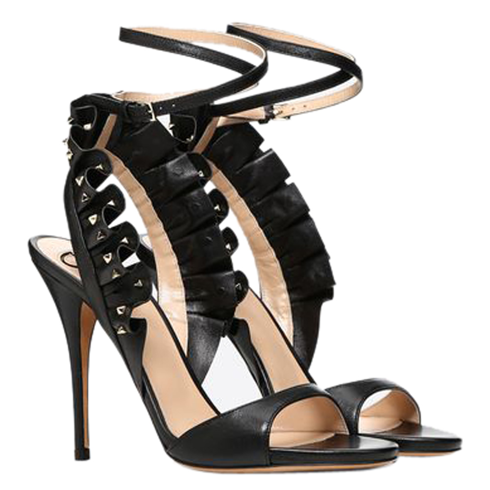 

Valentino Black Leather Rockstud Ruffle Ankle Wrap Sandals Size
