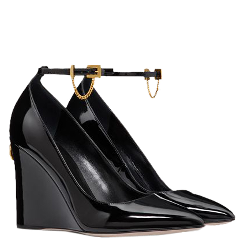 

Valentino Black Patent Leather Ankle Strap Wedge Pumps Size