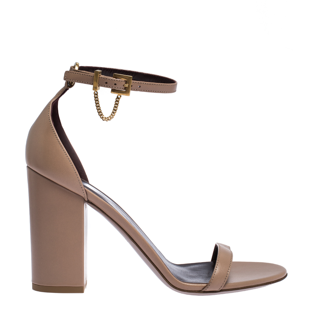 Pre Owned Valentino Rose Canelle Leather Chain Detail Ankle Strap Block Heel Sandals Size 38.5