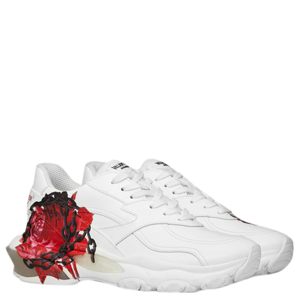 

Valentino White Chain Rose by Undercover Print Leather Bounce Sneakers Size