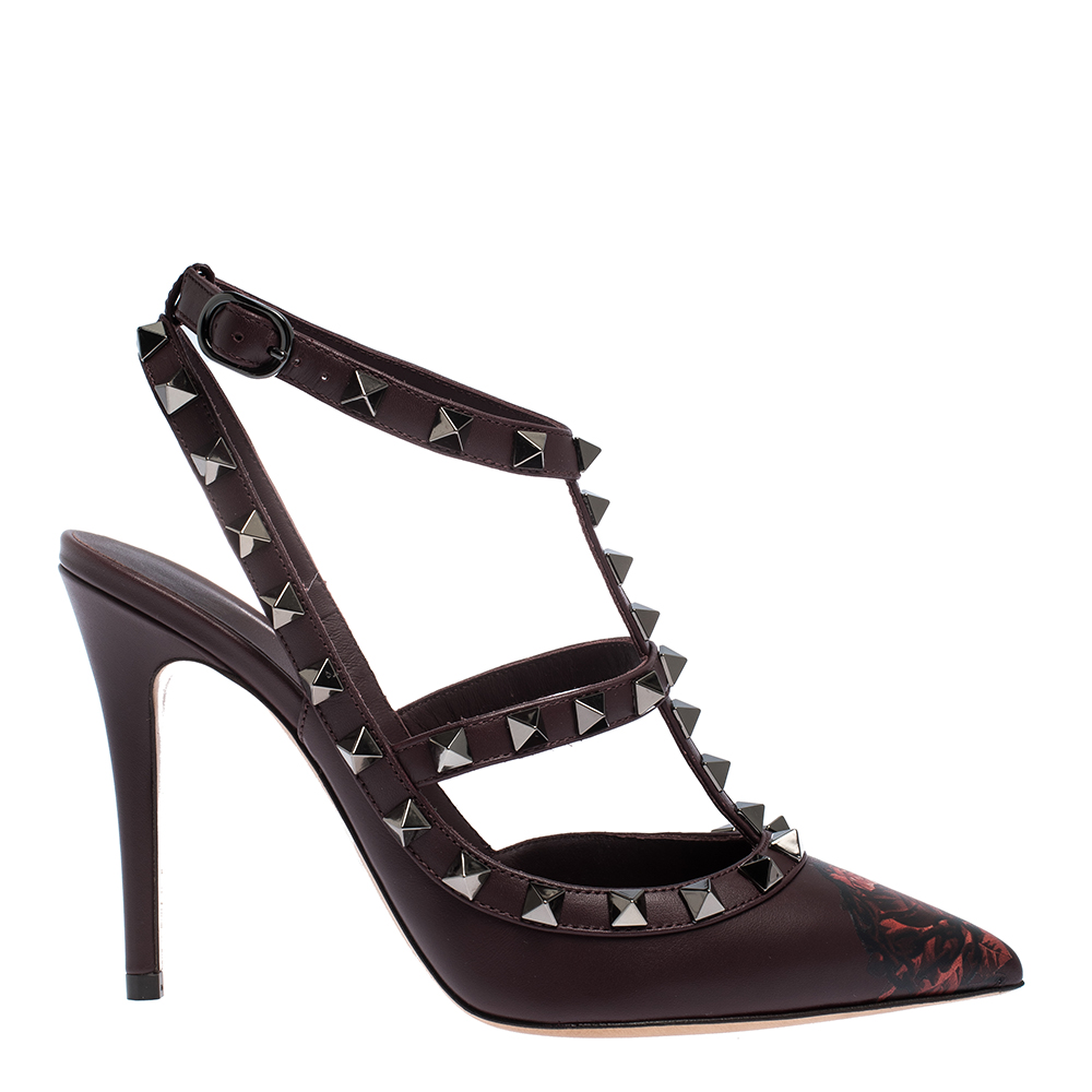 مملوكة مسبقًا Valentino Rubin Rose by Undercover Print Leather Rockstud Strappy Sandals Size 39.5