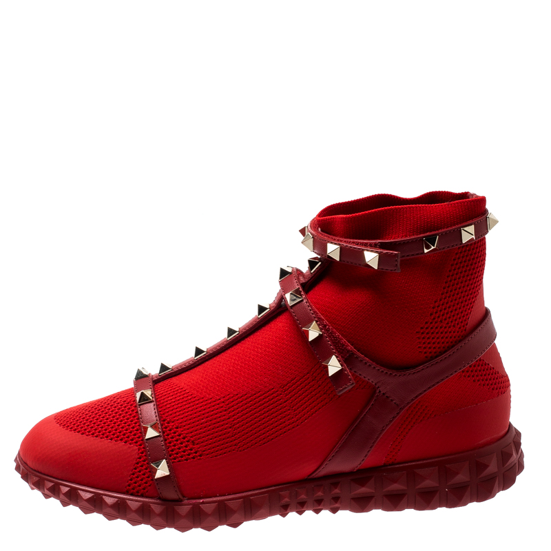 

Valentino Rosso V. Stretch Knit and Leather Rockstud Bodytech High Top Sneakers Size, Red