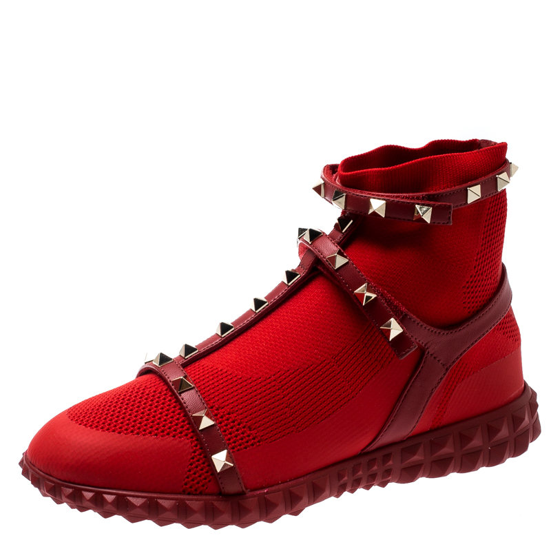 Pre Owned Valentino Rosso V. Stretch Knit and Leather Rockstud Bodytech High Top Sneakers Size 39.5