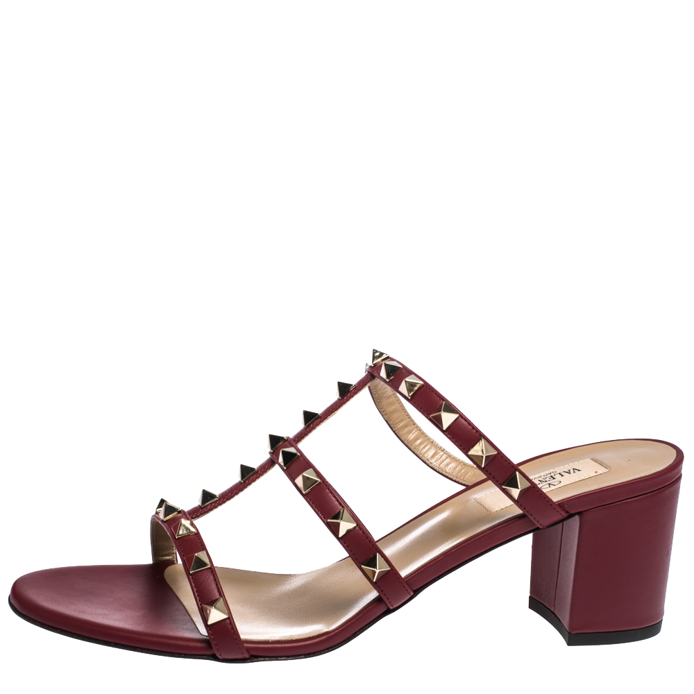 

Valentino Burgundy Leather Rockstud Caged Open Toe Sandals Size