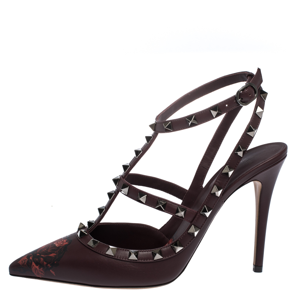

Valentino Dark Burgundy Rose Print Leather Rockstud Pointed Toe Sandals Size