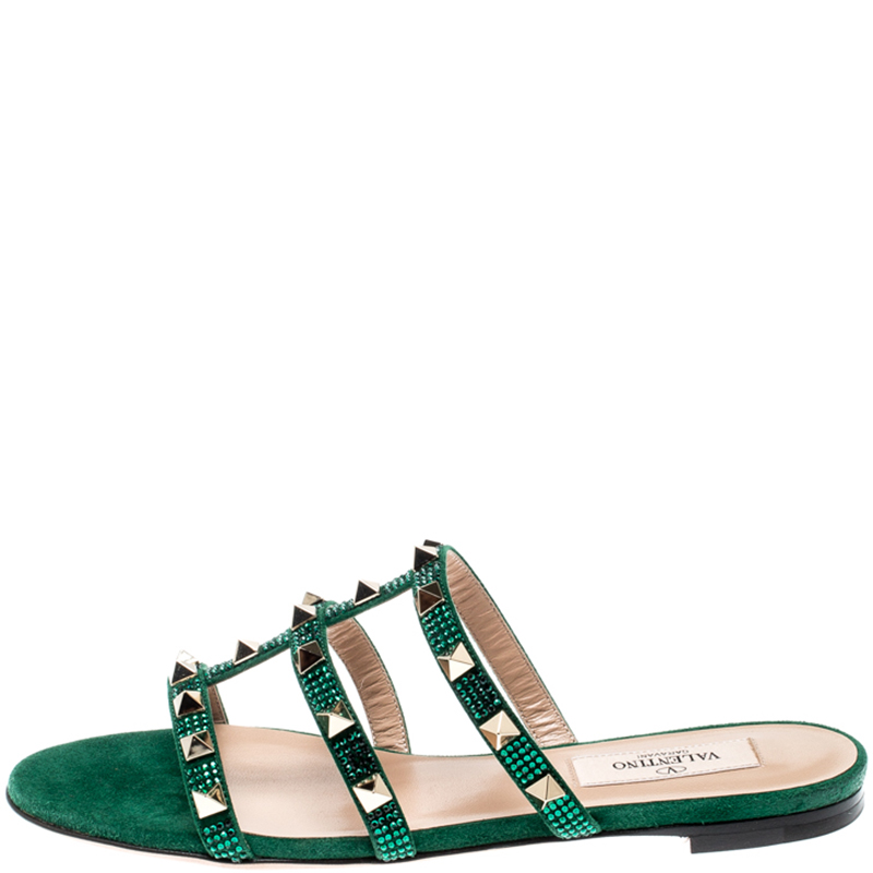 

Valentino Emerald/Smeraldo Suede Rockstud Flat Slides Size, Green