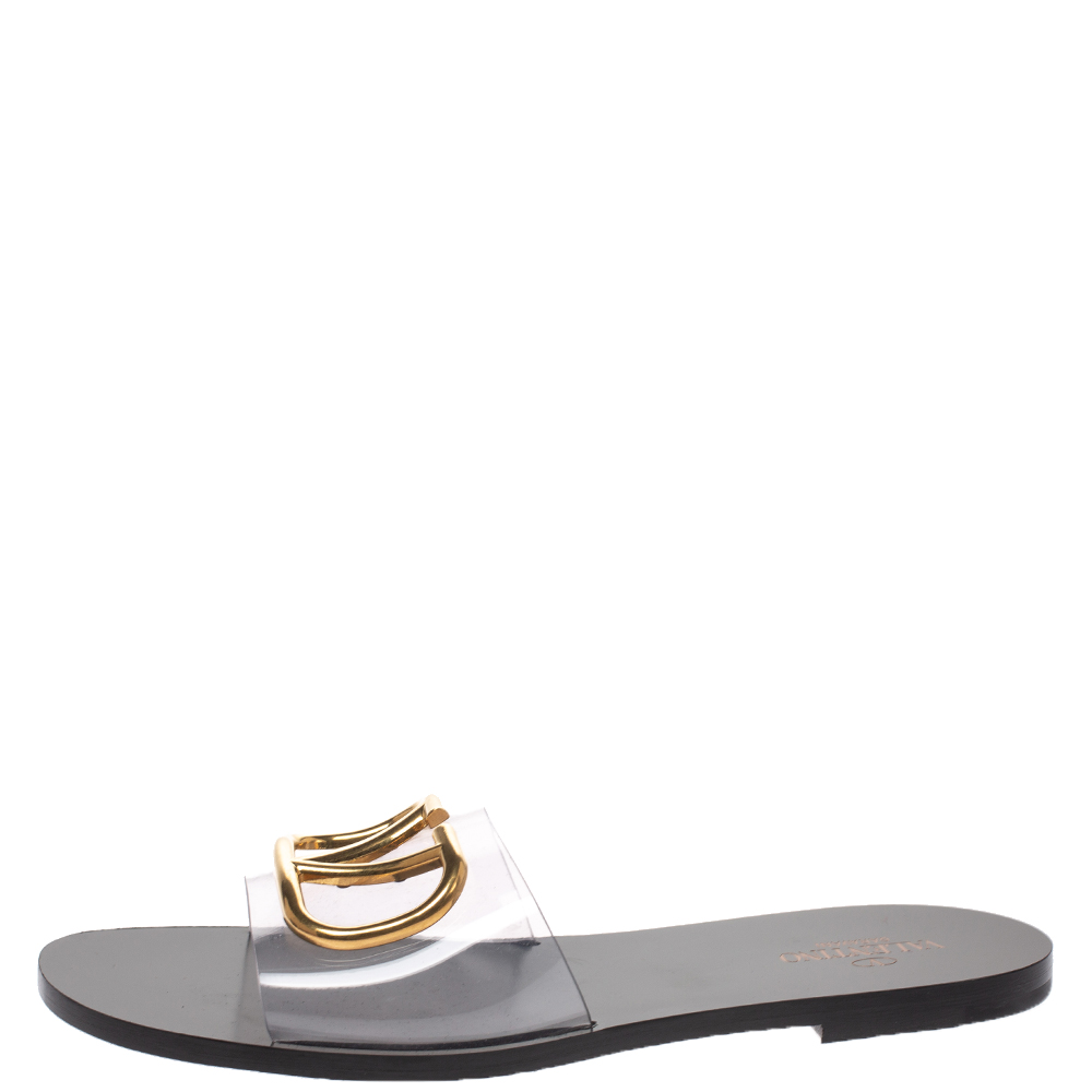 

Valentino Black PVC Go Logo Embellished Flat Sandals Size